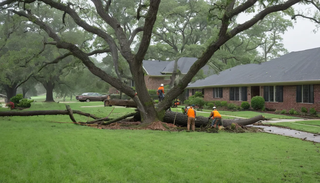 A local tree provider's crew clearing a fallen tree from a home's front yard in Arlington after a storm