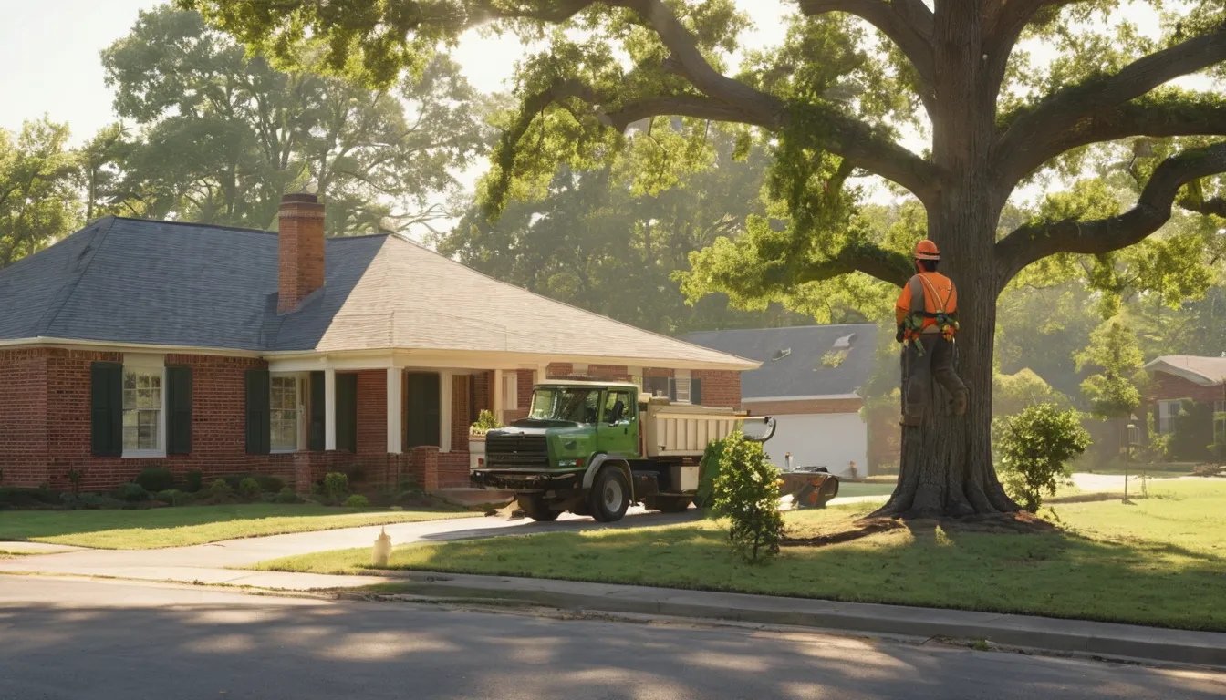 A tree removal provider working safely near a home in Arlington