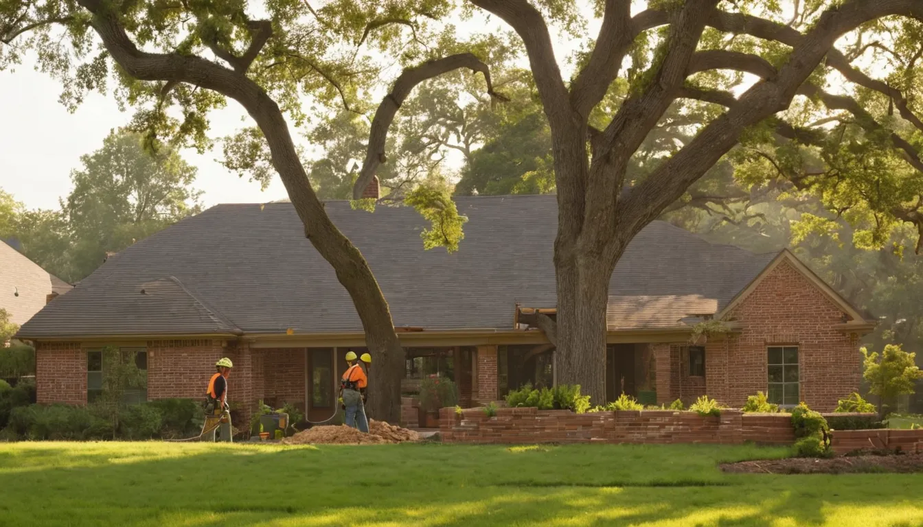 Tree removal provider cutting a large backyard tree in sections near a brick home in Arlington